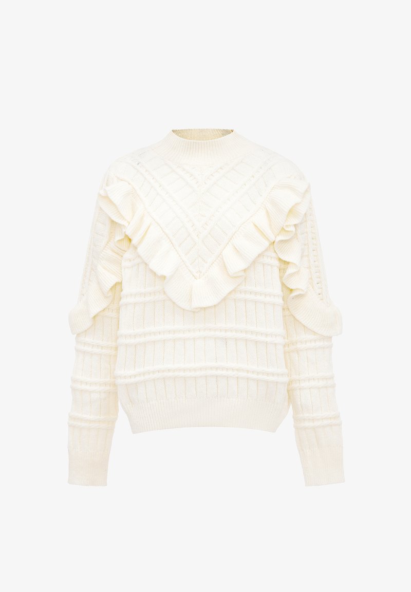 Pulover crema cu un guler înalt, prezentând accente volănașe și modele texturate. Material tricotat cu designuri cu dungi și cablu.