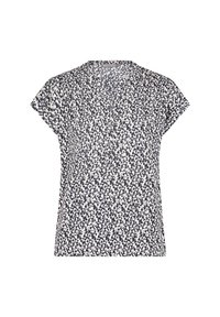 Kvinnors kortärmad topp i lätt tyg, med ett marinblått och vitt abstrakt blommönster och en rundad halsringning.