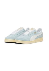 Sneakers in suede azzurro chiaro con accenti bianchi, perforazioni sulla punta e una suola di gomma ingiallita. Logo dorato sul lato.