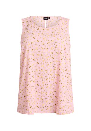 Sleeveless pink blouse with textured fabric and small yellow floral print, round neckline, and keyhole button closure at back.