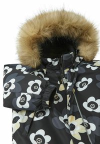 Black floral puffer jacket featuring white, gray, and cream flower patterns, with a fur-lined hood and zippered closures.