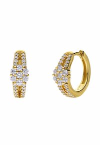 Goldene Creolen mit einer diamantähnlichen Verzierung, bestehend aus einem Blumenarrangement aus klaren Steinen, eingebettet in ein glattes Oberflächendesign.