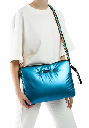 Blue metallic shoulder bag with a puffy design, featuring a braided strap in teal, orange, and brown. Includes black accents and a zipper.