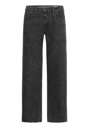 Pantaloni in denim nero a gamba larga con finitura slavata, dotati di chiusura con bottone e cerniera, design a cinque tasche e taglio dritto per una vestibilità comoda.