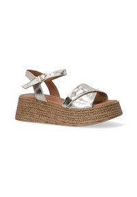 Metalické stříbrné espadrilové sandály s širokým páskem, nastavitelným nártním páskem, tkanou jutovou podešví na wedges a hladkým koženým povrchem.