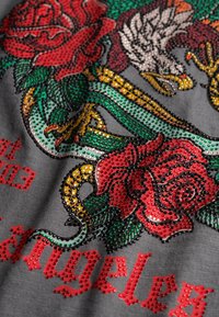 Grijs stof heeft een kleurrijk ontwerp met rode rozen, groene bladeren en een draak, versierd met multicolore rhinestones en vette letters.