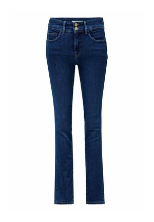 Jean slim bleu foncé avec cinq poches, fermeture à bouton et zip, et une légère élasticité pour le confort. Présente une texture denim classique.