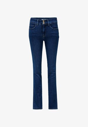 Granatowe, wąskie jeansy o dopasowanym kroju, z pięcioma kieszeniami, zapięciem na guzik i suwak oraz lekkim dodatkiem elastanu dla komfortu. Charakteryzują się klasyczną teksturą denimu.