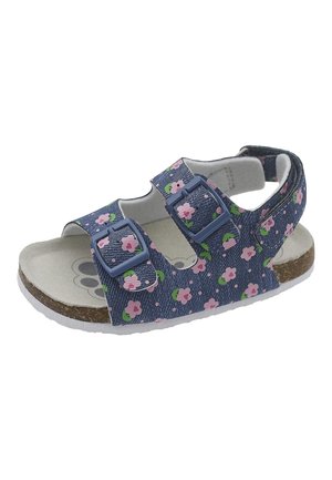 Infradito con motivo floreale blu, dotate di due cinturini regolabili, suola in sughero e fondo in gomma bianca. Parte superiore in tessuto con fiori rosa e foglie verdi.