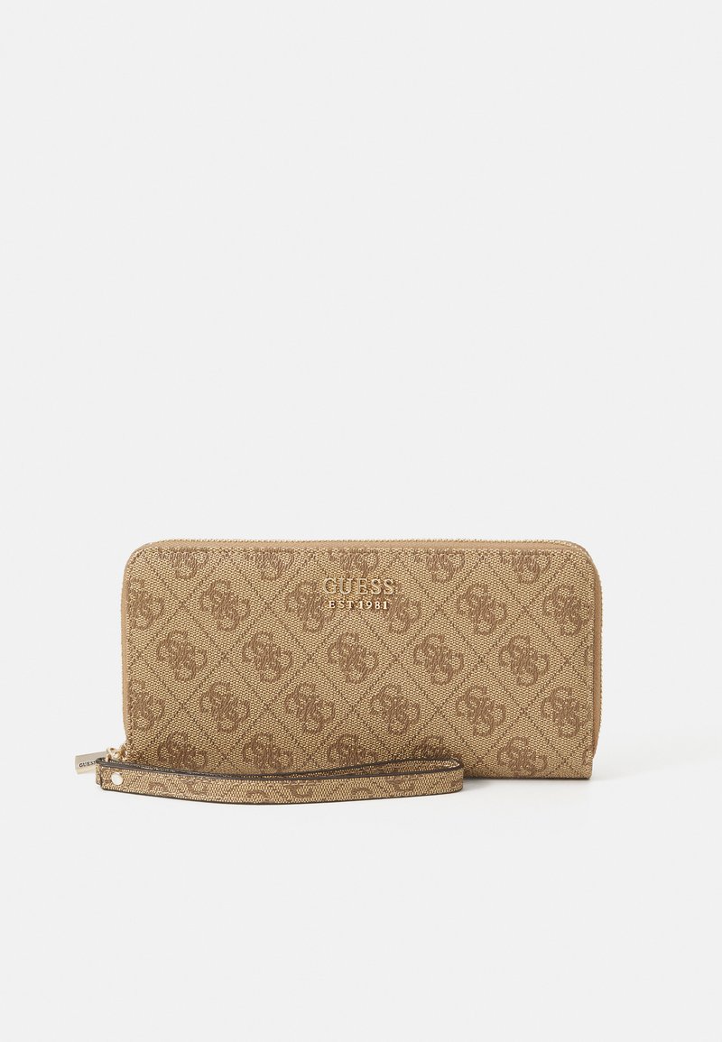 Brown patterned wallet with a zip closure, featuring embossed designs, a wrist strap, and a logo. Textured fabric with a smooth finish.