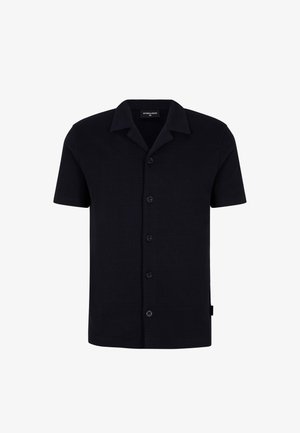 Camicia nera a maniche corte con bottoni, colletto classico e etichetta del marchio visibile all'interno del collo.