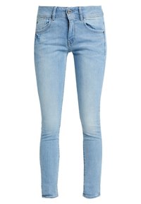 Ljust blåa skinny jeans med framknapp och dragkedja, fem fickor och åtsittande ankellång design.