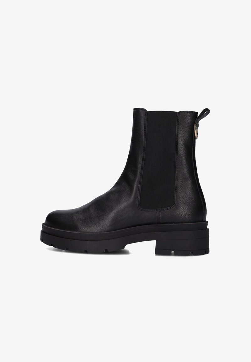 Black leather ankle boot with elastic side panels, chunky sole, and a pull tab at the back. Smooth texture, minimal design.