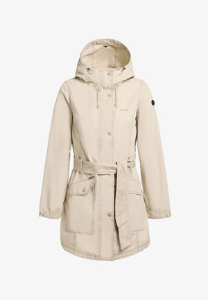 Beige women's hooded parka with front buttons, belt at waist, and two large flap pockets, designed for cold weather.