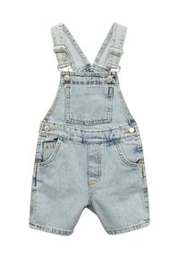 Lysblå denim overalls med justerbare skulderstropper, frontlomme og to sidelommer; har syningdetaljer.