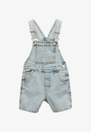 Vaaleansininen farkkutakki, jossa on säädettävät olkaimet, etutasku ja kaksi sivutaskua; sisältää ompelutietoja.