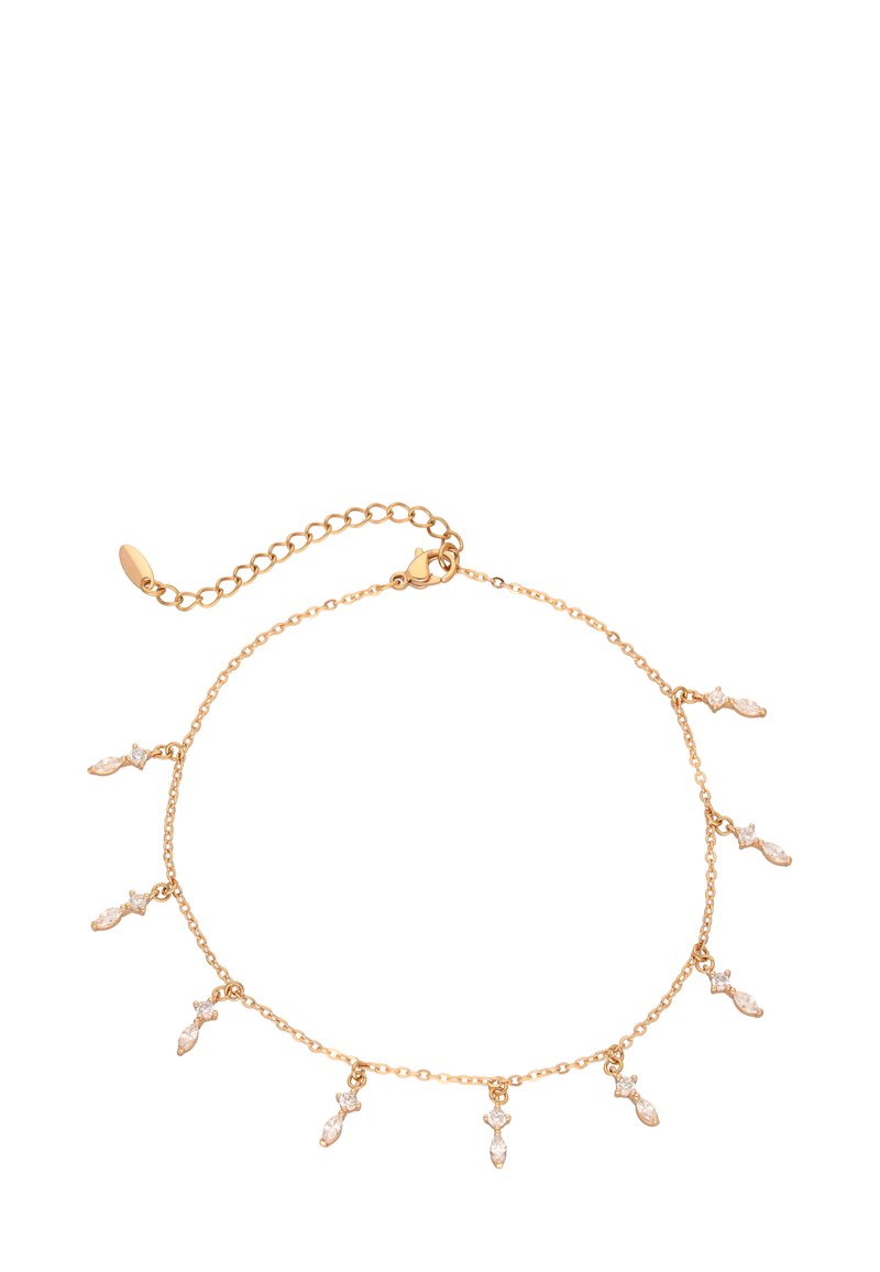 Guldkædebånd med små, vedhængslignende accenter og diaman-lignende detaljer. Justerbar lås og kædelængde for tilpasset pasform.