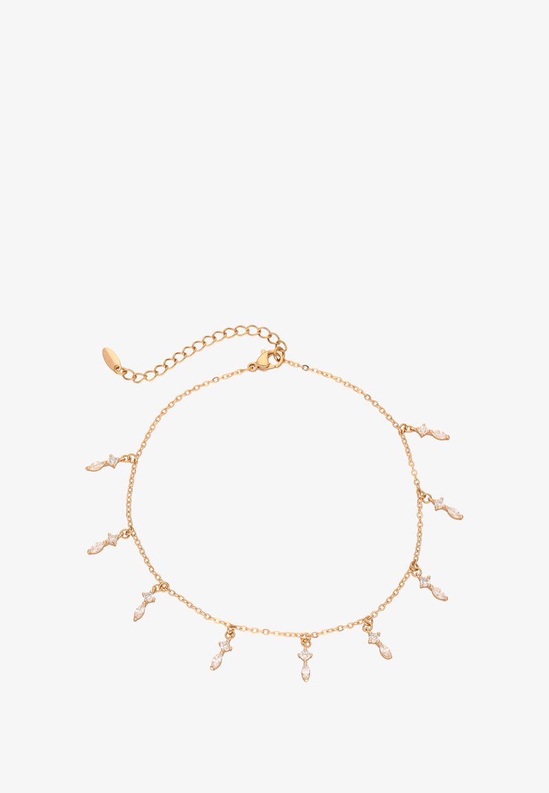 Guldkædebånd med små, vedhængslignende accenter og diaman-lignende detaljer. Justerbar lås og kædelængde for tilpasset pasform.