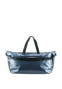 Grand sac cabas bleu marine en matériau imperméable brillant, équipé de deux anses en tissu et d'une poche plate zippée sur le devant.
