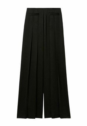 Pantalones de pierna ancha negros con pliegues, que cuentan con una cintura plana y dos bolsillos laterales. Textura suave y diseño a medida.