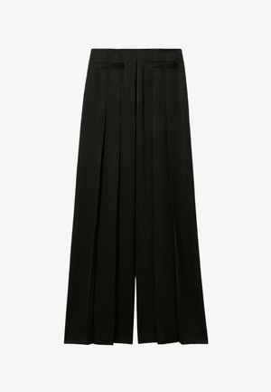 Pantalones de pierna ancha negros con pliegues, que cuentan con una cintura plana y dos bolsillos laterales. Textura suave y diseño a medida.