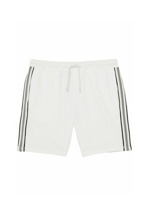 Witte shorts met een elastische tailleband, verstelbaar trekkoord en drie verticale zwarte strepen aan elke zijde. Zacht, gestructureerd materiaal.