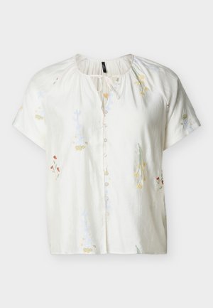 Witte blouse met korte mouwen, subtiele bloemrijke borduursels, knoopsluiting aan de voorkant, ronde halslijn en een strikdetail bij de kraag.