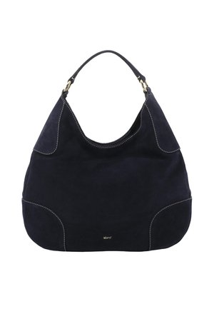 Weiche schwarze Schultertasche aus wildleder mit geschwungener Form, einem Henkel, kontrastierenden Nähten und kleinem goldfarbenem Markenlogo "abro" in der unteren Mitte.