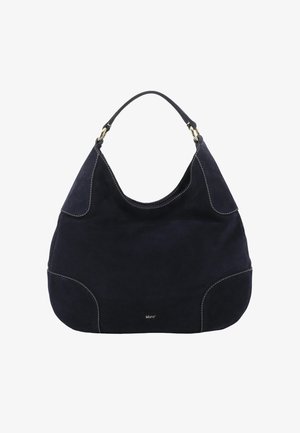 Soft black suede shoulder bag with curved shape, single handle, contrast stitching, and small gold brand logo "abro" at bottom center.