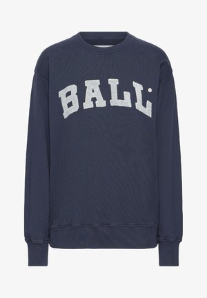Marineblå hettegenser laget av bomullsblanding, med ribbestruktur, rund hals og hvit brodert "BALL"-tekst over fronten.