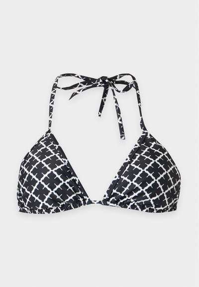 Haut de bikini triangle à motif noir et blanc avec attache autour du cou et sangle arrière réglable sur fond uni.
