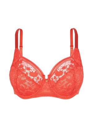 Soutien-gorge rouge en dentelle à armatures avec bretelles réglables et motif floral, avec un petit bouton décoratif central.