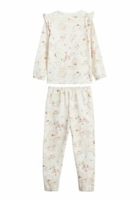 To-delt pyjamasæt med en langærmet top og bukser med elastisk talje, lavet af blødt stof med et pastel sky- og fuglemønster.