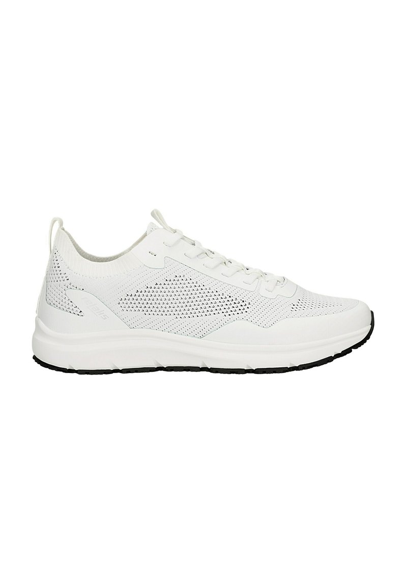 Weiße Sportschuhe mit einem atmungsaktiven Mesh-Obermaterial, strukturierten Seitenpanelen, gepolstertem Schaft und einer schwarzen Gummisohle.
