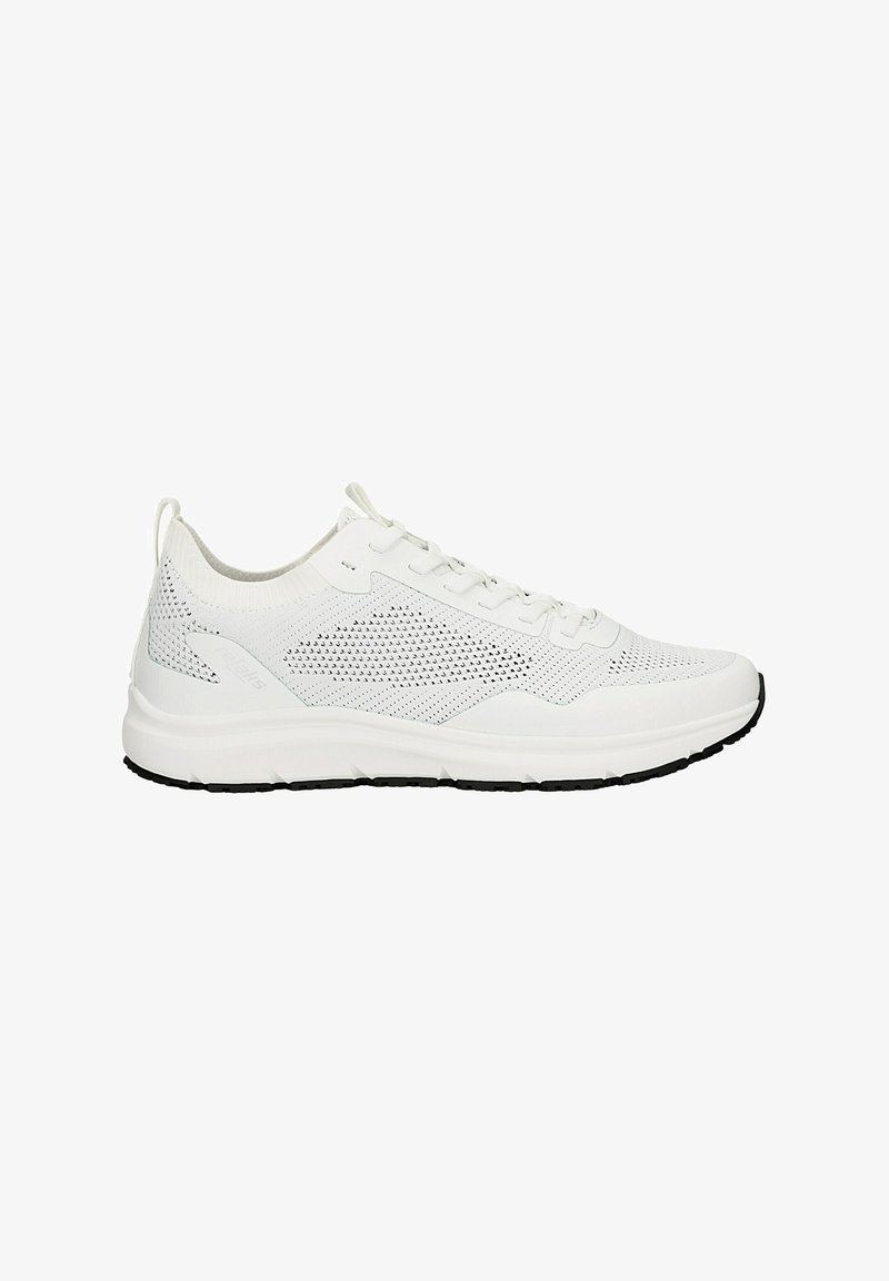 Weiße Sportschuhe mit einem atmungsaktiven Mesh-Obermaterial, strukturierten Seitenpanelen, gepolstertem Schaft und einer schwarzen Gummisohle.