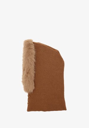 Accessorio marrone lavorato a maglia con un pannello laterale in pelliccia; presenta tre bottoni lungo il bordo, offrendo un contrasto testurizzato tra materiali e design.