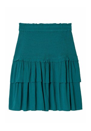 Türkisfarbener Stufenrock mit gerafftem Bund und zwei gesammelten Rüschenschichten, gefertigt aus leichtem, strukturiertem Stoff.