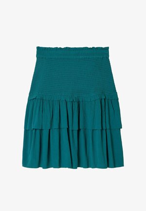 Türkisfarbener Stufenrock mit gerafftem Bund und zwei gesammelten Rüschenschichten, gefertigt aus leichtem, strukturiertem Stoff.
