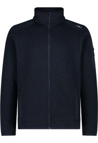 Veste polaire bleu marine à fermeture éclair intégrale, col montant, poches latérales zippées et une poche zippée sur la manche gauche, avec un petit logo blanc.