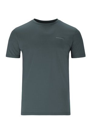 Dunkelgraues T-Shirt mit kurzen Ärmeln aus glattem, leichtem Stoff. Verfügt über einen runden Ausschnitt und ein dezentes Markenlogo, das auf der Vorderseite aufgedruckt ist.