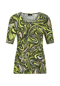 Korte mouwen T-shirt in groen met abstracte krullen in geel, bruin en lichtroze. Ronde halslijn en zachte, rekbare stof.