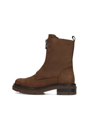 Botas de cuero marrón hasta el tobillo con cremallera lateral, punta redonda, suela resistente y sutiles detalles de costura. Textura suave.