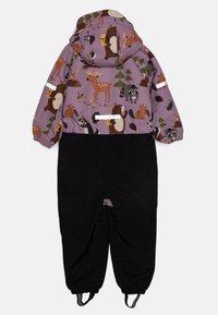 Mono de nieve infantil colorido con parte superior morada con patrones de animales, sección inferior negra y detalles reflectantes. Diseño con capucha para mayor abrigo.