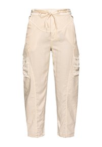 Beige puuvillapüksid kõrge vöökohaga, sidumisrihmaga, küljetaskud klappidega ja kitsenevad sääred.