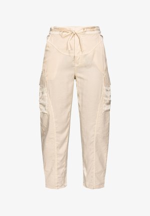 Pantaloni cargo beige con vita alta, cinturino da annodare, tasche laterali con pattina e gamba affusolata.