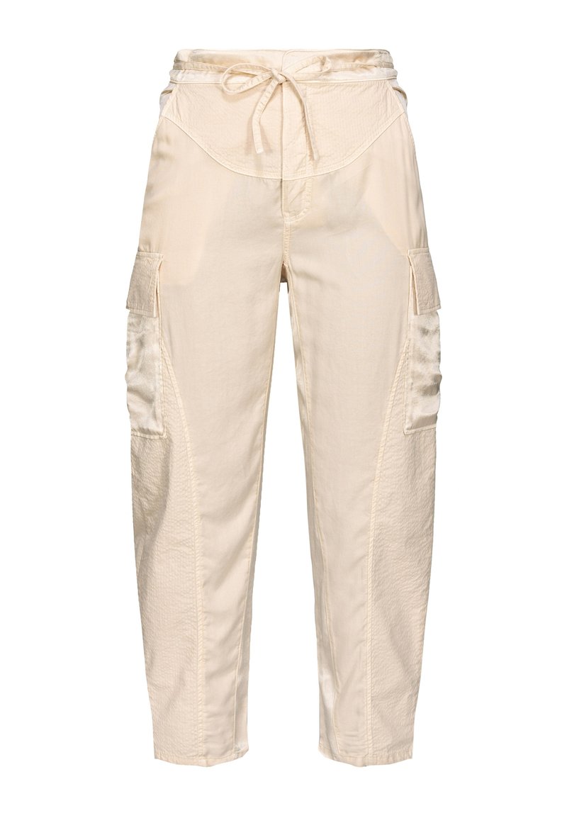 Beige puuvillapüksid kõrge vöökohaga, sidumisrihmaga, küljetaskud klappidega ja kitsenevad sääred.