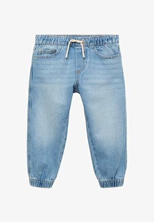 Pantaloni jogger din denim albastru deschis, cu talie elastică și șnur, având două buzunare frontale și manșete strânse la glezne.