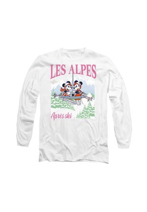 White long-sleeve t-shirt featuring cartoon characters on a ski lift, with "LES ALPES" and "Après ski" text in pink and green accents.