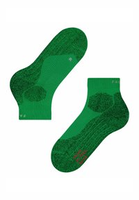 Coppia di calzini sportivi verde a caviglia con rinforzo sul tallone, sulla punta e supporto per l'arco, contrassegnati per piede sinistro e destro, taglia 42-43.