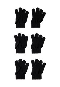 Black knitted gloves with five fingers, ribbed cuffs, and no patterns. Six pairs displayed flat in two rows.